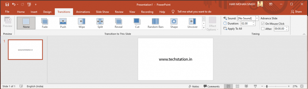 MS PowerPoint Transitions Tab in Hindi - MS PowerPoint मे Transitions Tab का इस्तेमाल